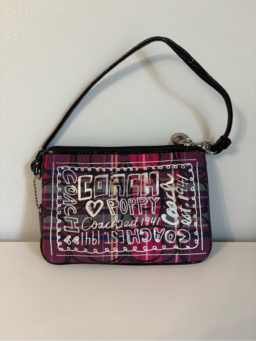 Coach Poppy Tartan Plaid Wristlet Black Pink Graffiti Logo Bag Y2K Retro Indie